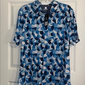 Chuco Golf acid camo Skulls Geo Blue White Short Sleeve Sport Polo Shirt NWT L